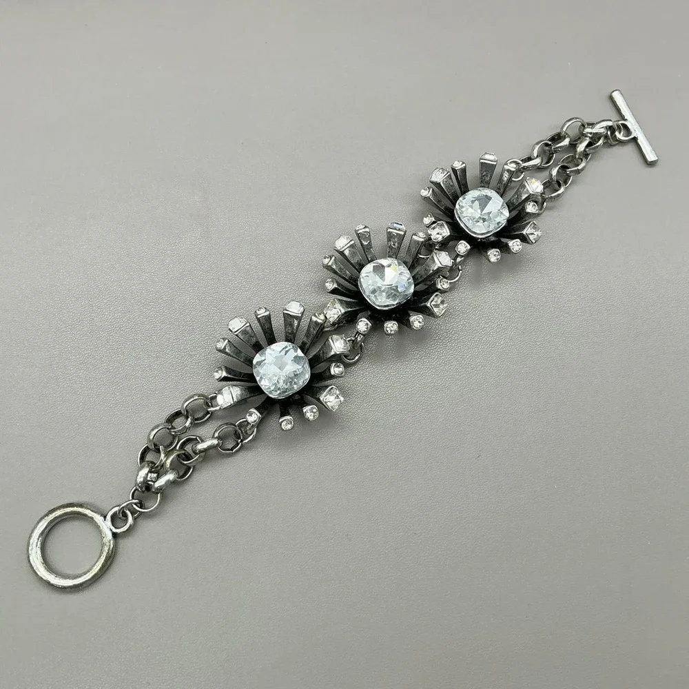 Bracelet Women Silver Tone Crystal Sunburst Floral Toggle Link Fashion Jewelry
